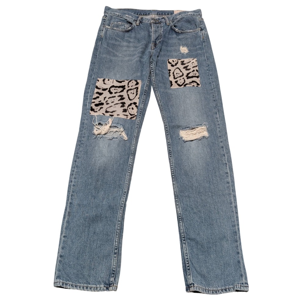 AllSaints Jeans Womens W28 Blue Boys Fit Straight Distressed Leopard Patch Edgy